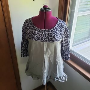 Solid Grey and Black Grey Leopard Print Ruffled Trim Mid Sleeve Blouse